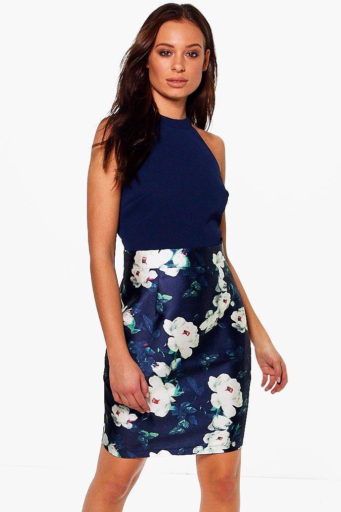 Boohoo Nadia Satin Floral Sleeveless Belted Dress Navy