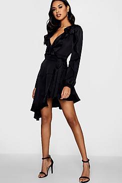 Boohoo Boutique Fay Satin Ruffle Asymmetric Dress
