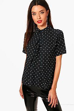 Boohoo Lacey Polka Dot Short Sleeve Chiffon Blouse