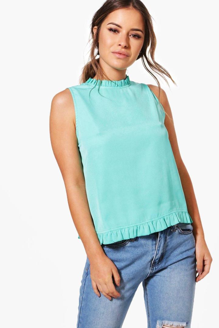 Boohoo Petite Pheobe Sleeveless Ruffle Trim Blouse Jade