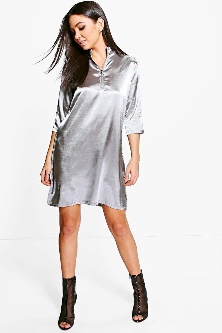 Boohoo Rebekah Satin Zip Front Shift Dress Dove