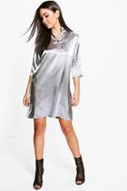 Boohoo Rebekah Satin Zip Front Shift Dress Dove