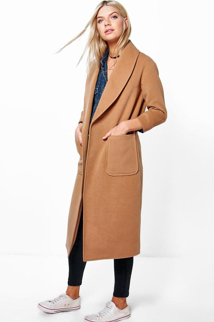 Boohoo Emilia Shawl Collar Robe Duster Coat Camel