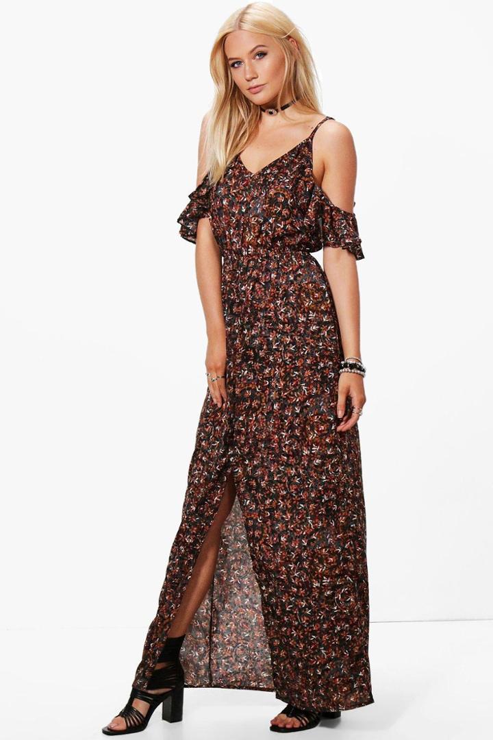 Boohoo Anna Cold Shoulder Frill Sleeve Maxi Dress Multi