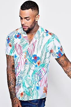 Boohoo Floral Leaf Print Revere Short Sleeve Shirt