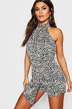 Boohoo Mono Leopard Turtle Neck Wrap Skort Playsuit