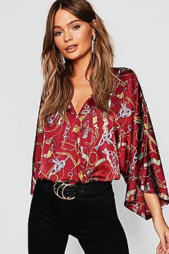 Boohoo Chain Print Satin Kimono Wrap Blouse