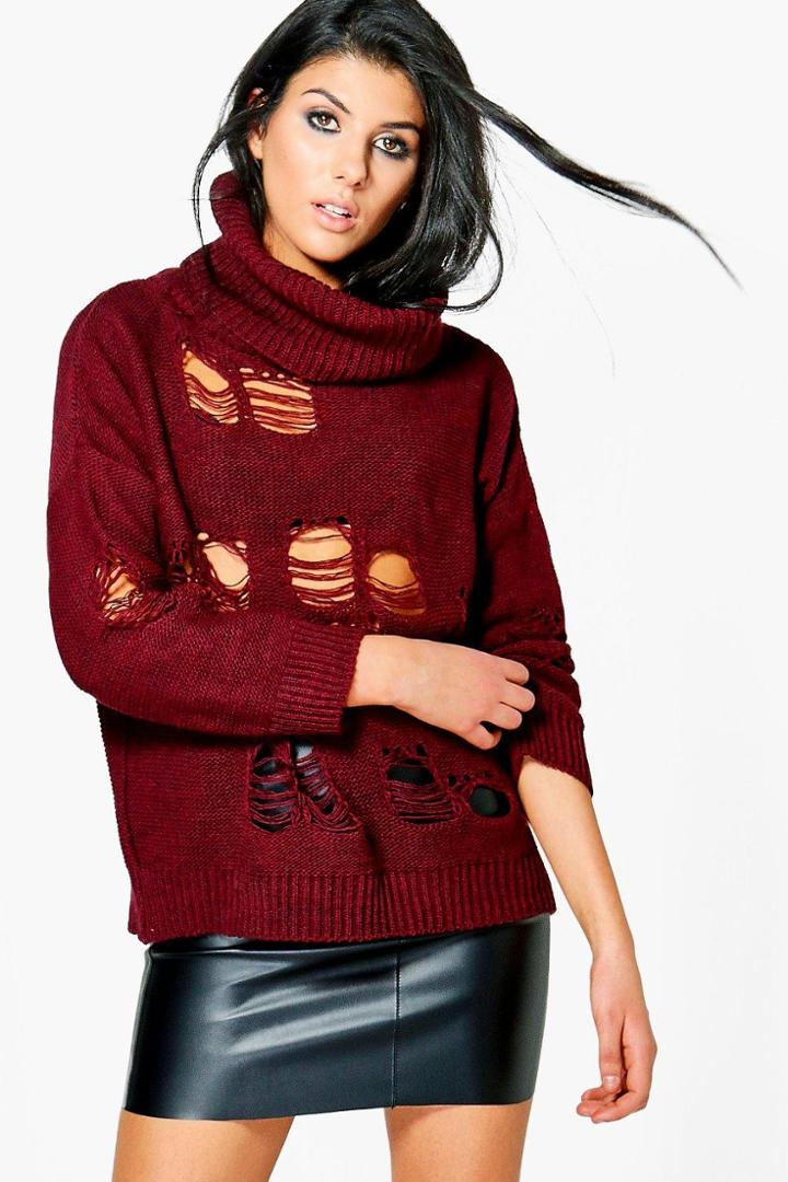 Boohoo Nicole Roll Neck Ladder Jumper Wine