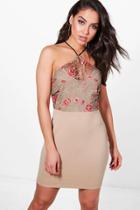 Boohoo Jen Embroidered Top Halter Bodycon Dress Stone