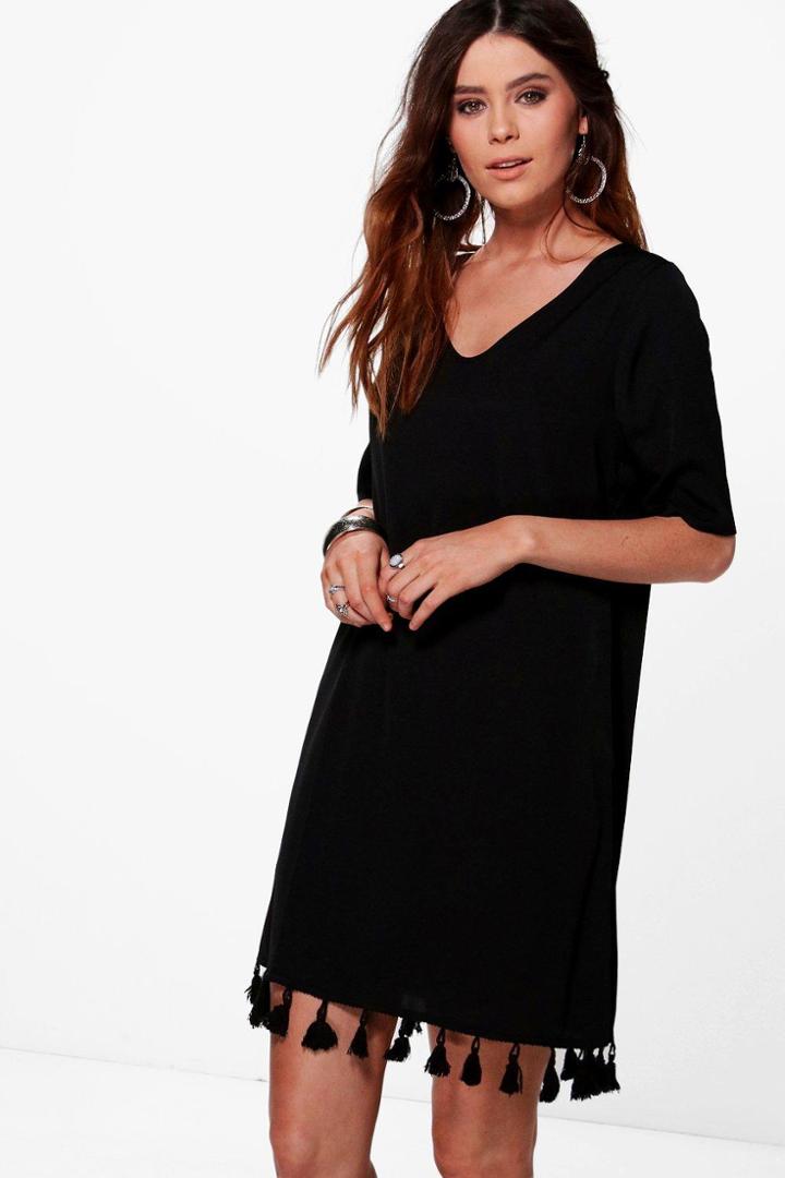 Boohoo Tall Alessia Tassel Hem Woven Dress Black