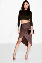 Boohoo Mia Asymetric Rouched Front Midi Skirt Bronze