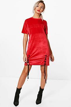 Boohoo Immi Lace Up Embossed Slogan T-shirt Dress