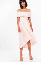 Boohoo Faye Oversized Off The Shoulder Skater Dress Nude