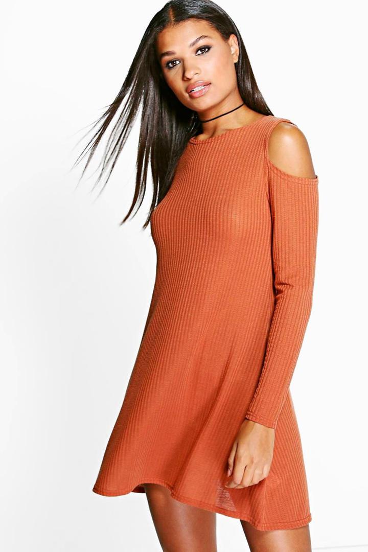 Boohoo Megan Cold Shoulder Rib Knit Swing Dress Amber