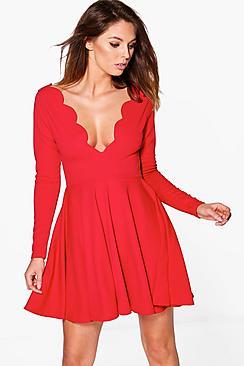Boohoo Frey Long Sleeved Scallop Plunge Skater Dress