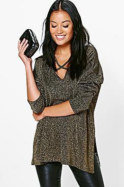 Boohoo Lana Metallic Cross Front Long Sleeve Top