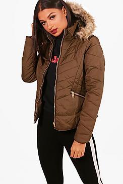Boohoo Freya Fitted Padded Jacket With Faux Fur Hood
