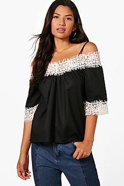 Boohoo Woven Crochet Cold Shoulder Top