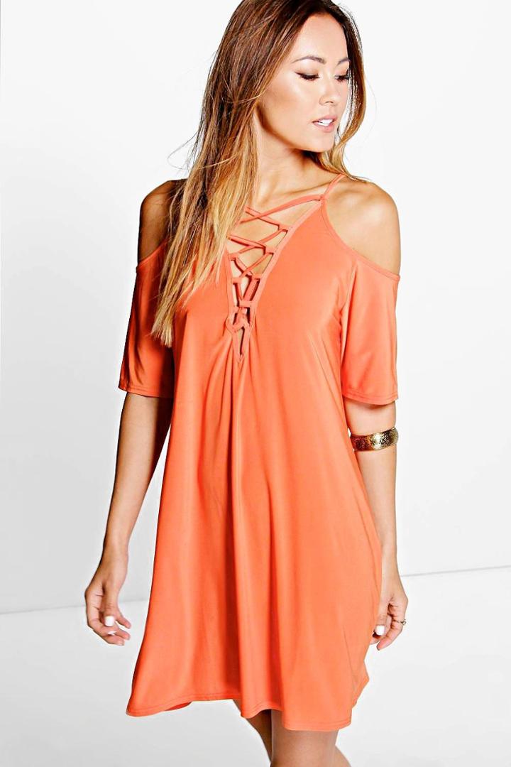 Boohoo Laura Open Shoulder Lace Up Shift Dress Orange