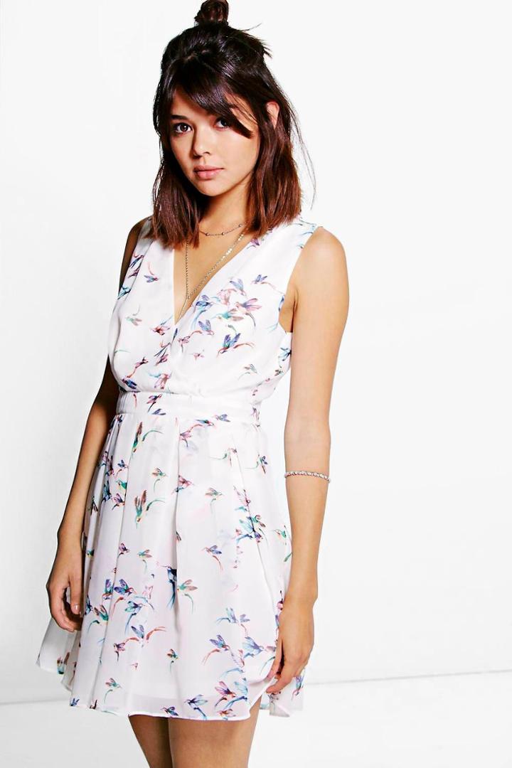 Boohoo Ava Wrap Front Skater Printed Dress White