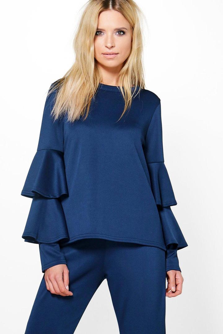 Boohoo Annabelle Double Frill Sleeve Top Navy