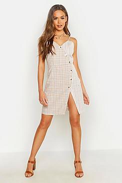 Boohoo Woven Mixed Check Horn Button Dress