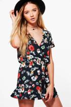 Boohoo Alex Butterfly Print Wrap Front Playsuit Black