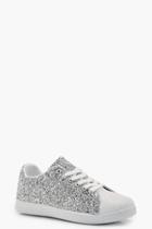 Boohoo Phoebe Glitter Lace Up Trainer Silver