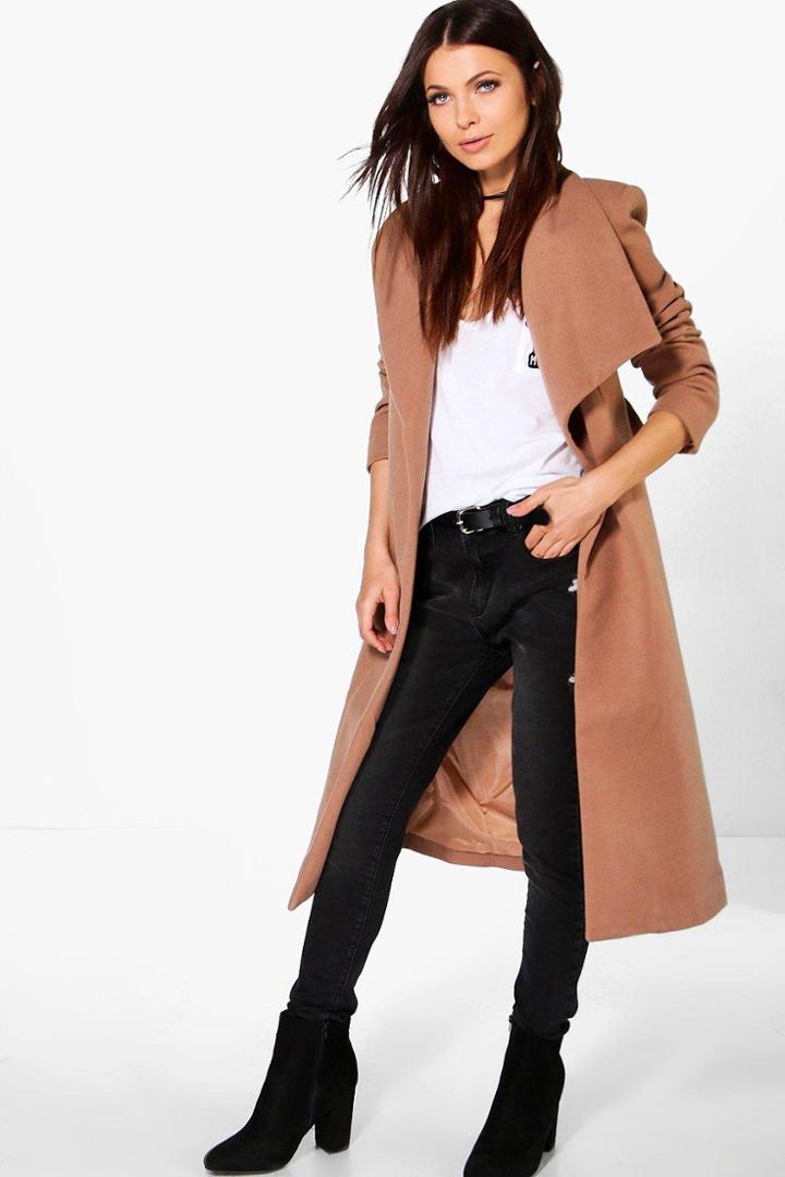 Boohoo Evie Shawl Collar Wrap Coat Camel