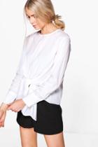 Boohoo Lydia Knot Front Long Sleeve Woven Shirt Cream