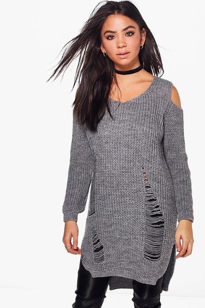 Boohoo Lottie Soft Knit Cold Shoulder Distressed Jumper Dress Charcoal