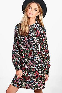 Boohoo Charlotte Floral Print Shirt Dress