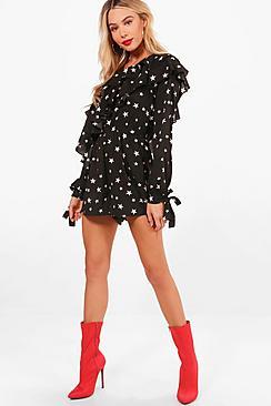 Boohoo Lea Star Ruffle Off The Shoulder Playsuit