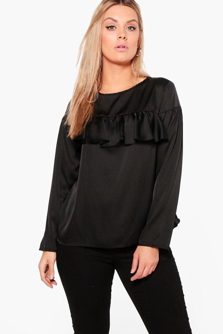 Boohoo Plus Skye Ruffle Front Blouse Black