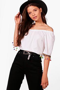 Boohoo Lizzie Pom Pom Woven Top