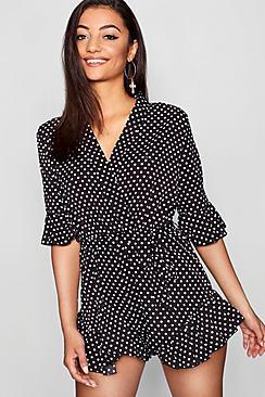 Boohoo Tall Polka Dot Ruffle Playsuit