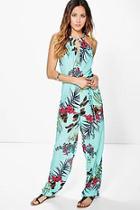 Boohoo Julie High Neck Tropical Print Jumpsuit