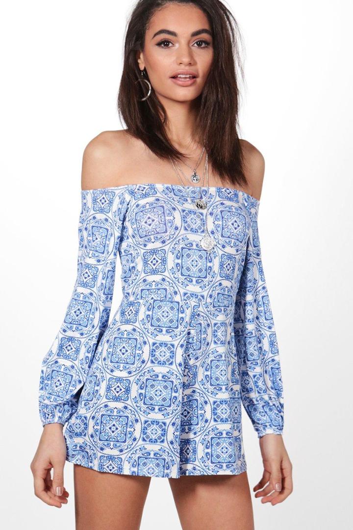 Boohoo Isla Porcelain Print Off Shoulder Playsuit Blue