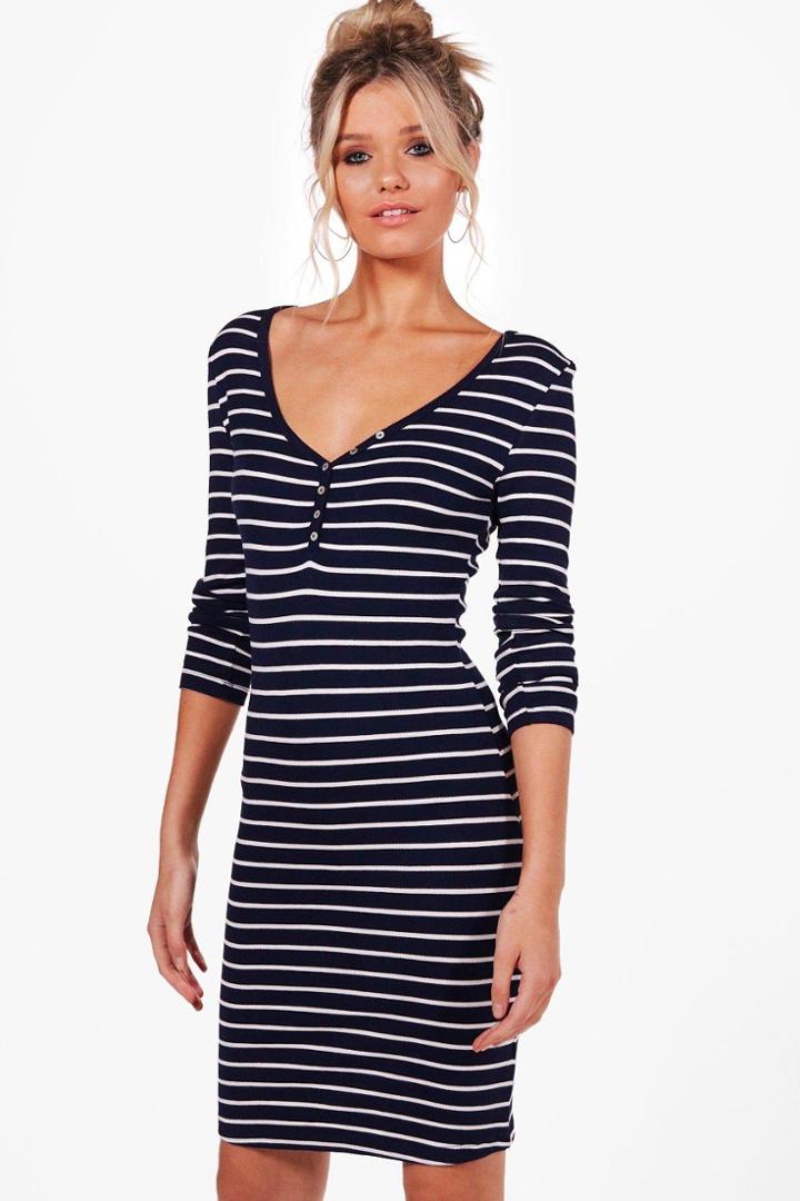 Boohoo Laura Long Sleeve Stripe Bodycon Dress Navy