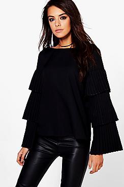 Boohoo Rea Pleated Ruffle Sleeve Blouse