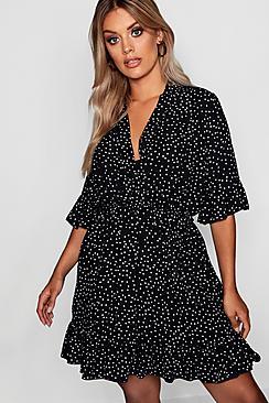 Boohoo Plus Spotty Wrap Skater Dress