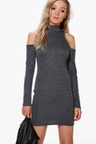 Boohoo Faith High Neck Cut Shoulder Swing Dress Grey