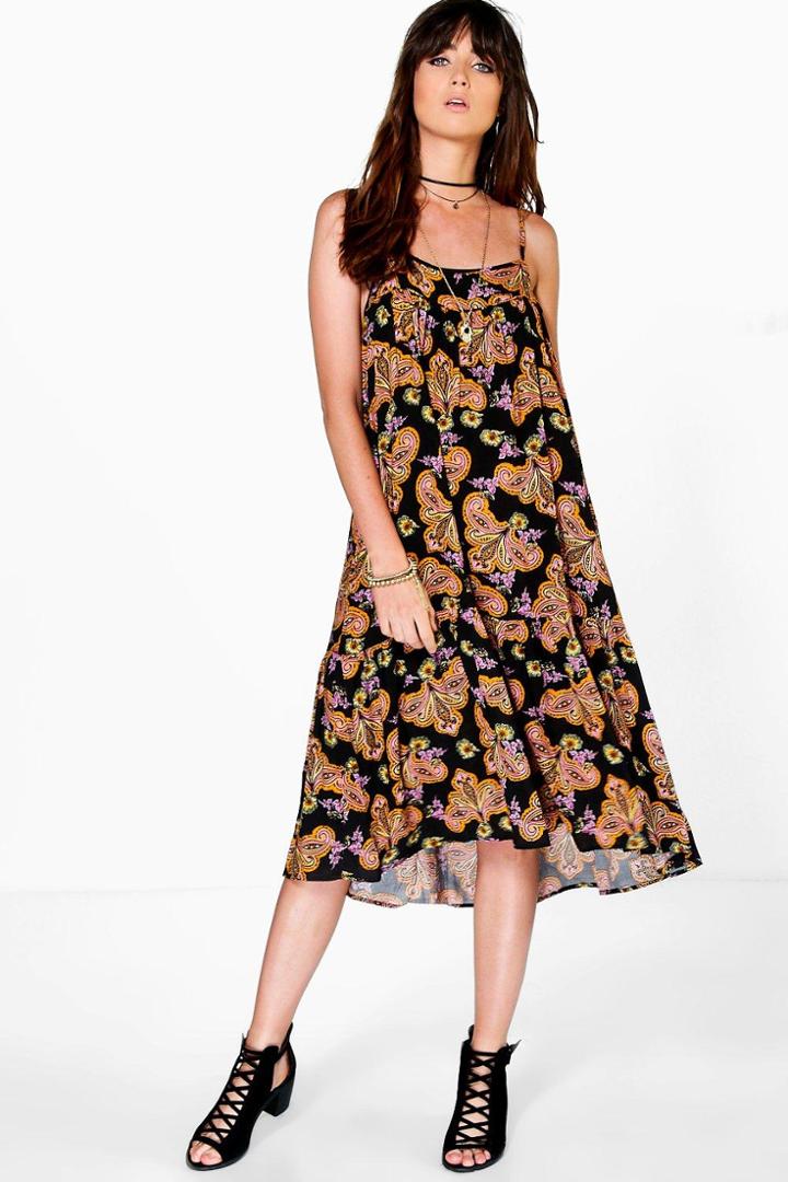 Boohoo Ginna Paisley Strappy Smock Ruffle Hem Dress Black