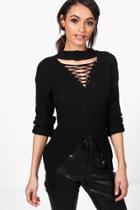 Boohoo Eve Lace Up Front Choker Jumper Black