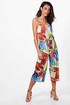 Boohoo Libby Large Palm Print Culotte Jumpsuit