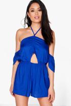 Boohoo Katie Open Shoulder Cut Front Woven Playsuit Cobalt