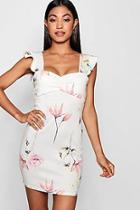 Boohoo Bea Floral Ruched Front Frill Straps Bodycon Dress