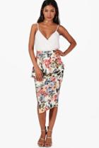 Boohoo Sina Floral Peplum Side Split Midi Skirt Multi
