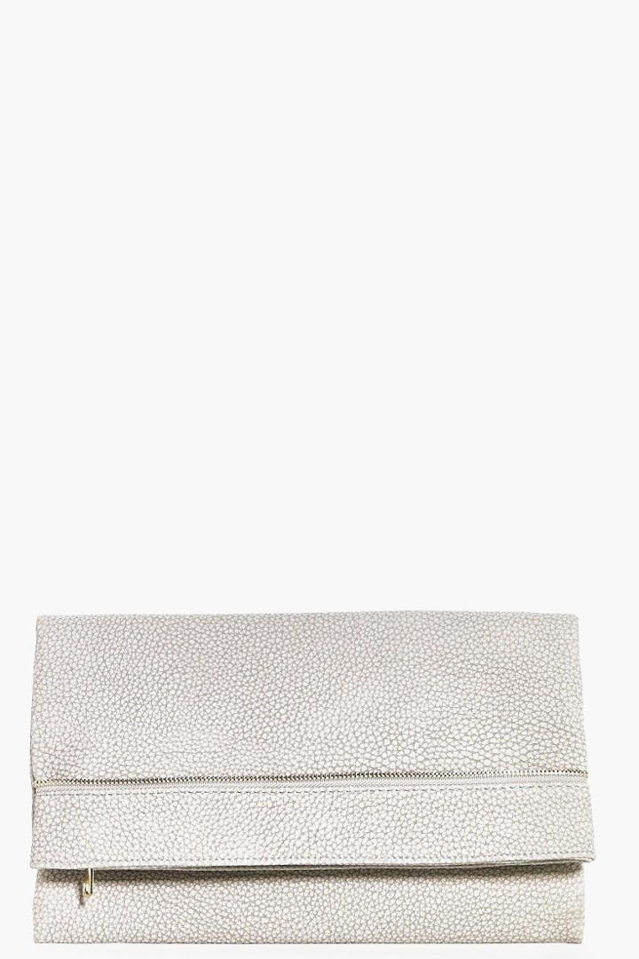 Boohoo Leah Zip Detail Fold Over Clutch Bag Grey