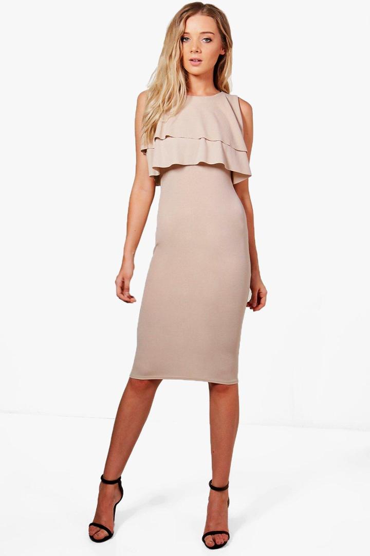 Boohoo Sarah Midi Ruffle Dress Nude